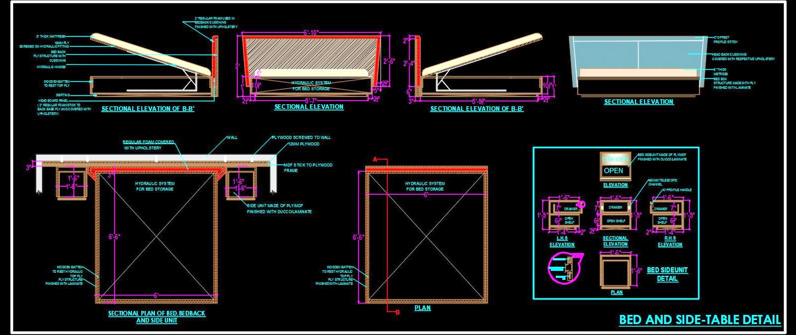 Double Bed CAD Detail with Hydraulic System and Side Table